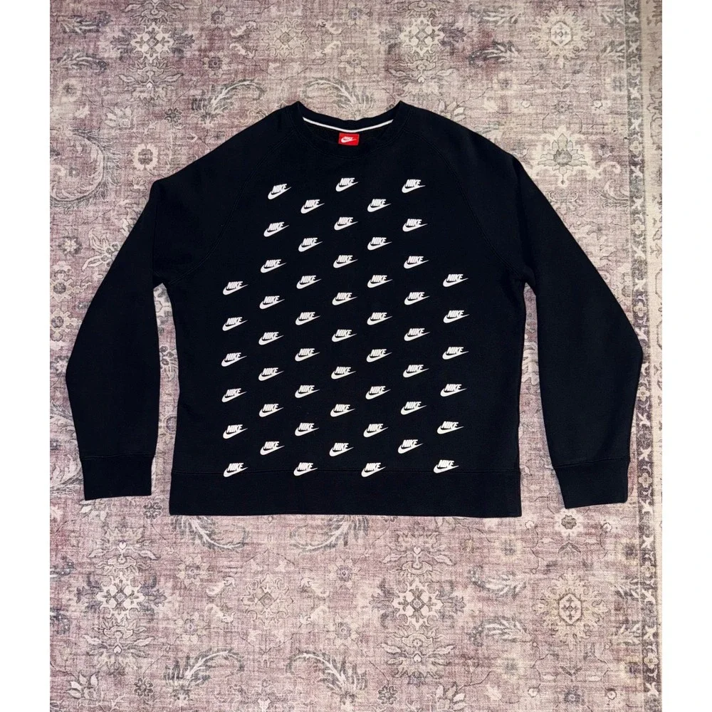 VTG Nike Sportswear Mens XXL Black All Over Mini Swoosh Logo Crewneck Sweatshirt